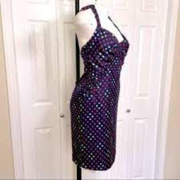 Betsey Johnson silk navy polka-dot halter dress. SZ 8 - Picture 2 of 15